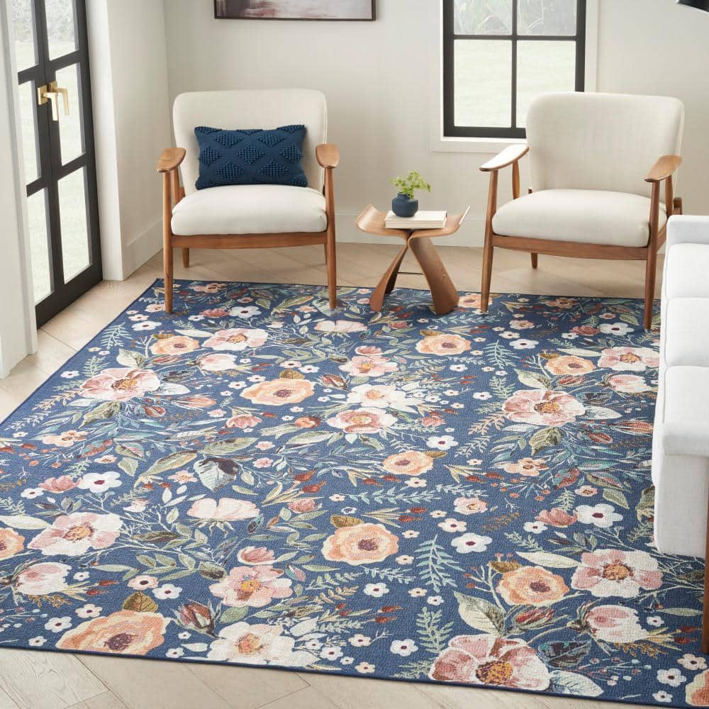 Washables Navy Multicolor 5 ft. x 7 ft. Botanical Traditional Area Rug - Hercitys