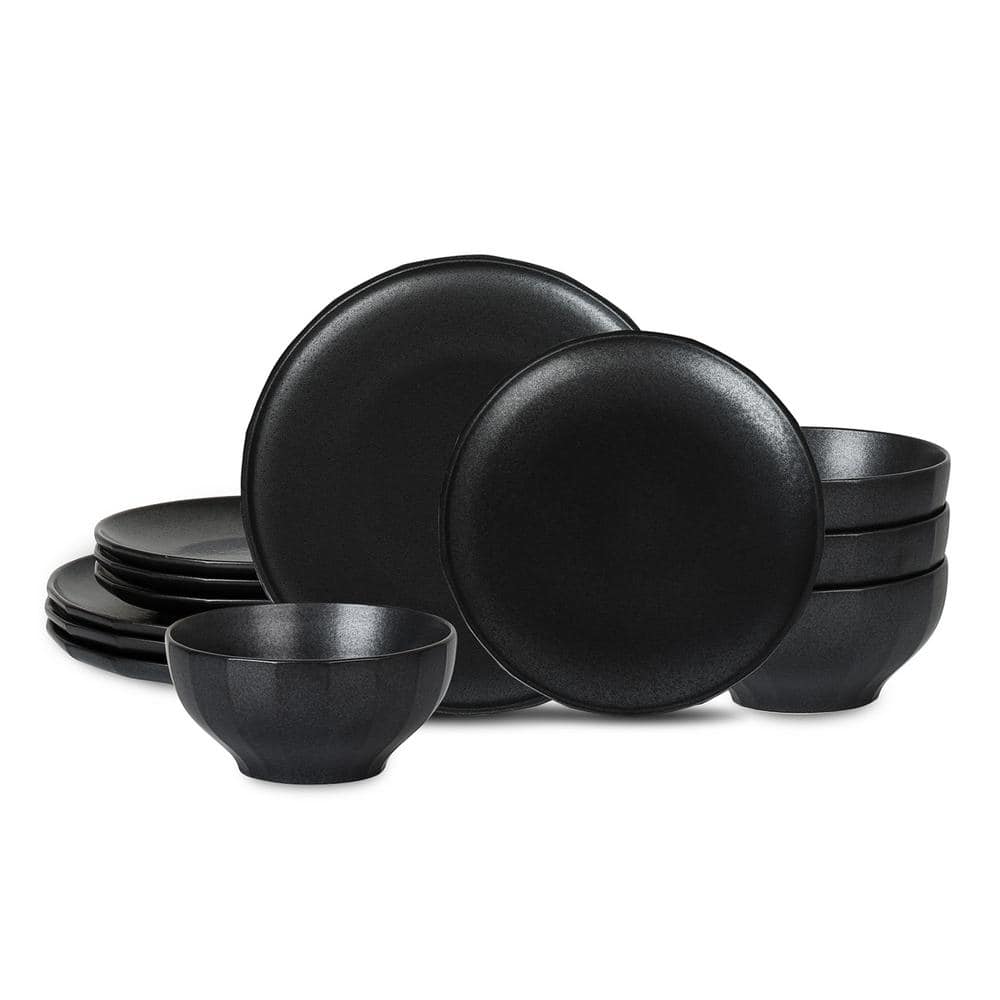 Rio 12-Piece Black Stoneware Dinnerware Set (Service for 4) - Hercitys