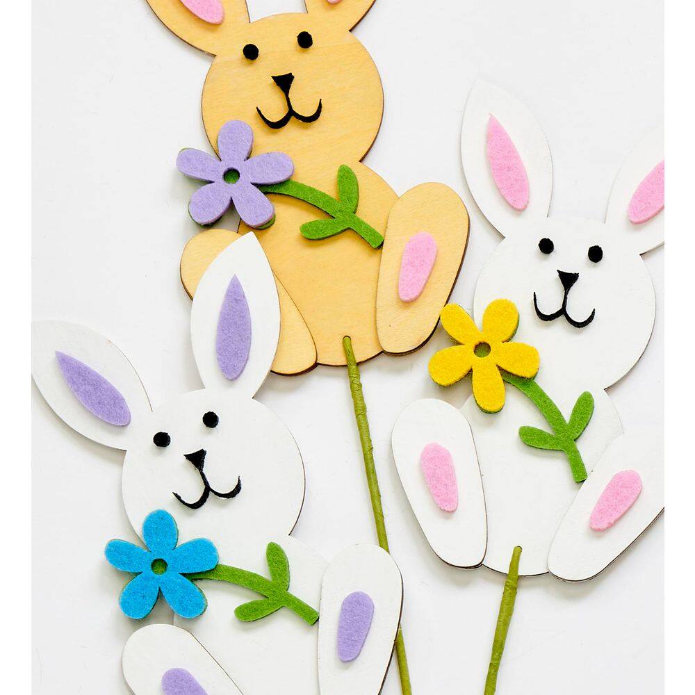6 in Easter Wood Bunnies on 6.5 in Floral Pick, 3 Assorted, 9 Pieces - Hercitys
