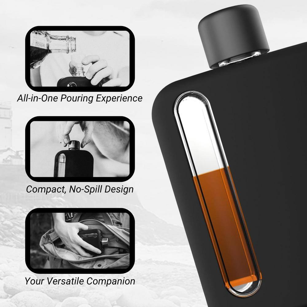 Sleek Glass Hip Flask (3.4 oz. )-Black Silicone-Covered Flask for Liquor with Cork Lid - Hercitys