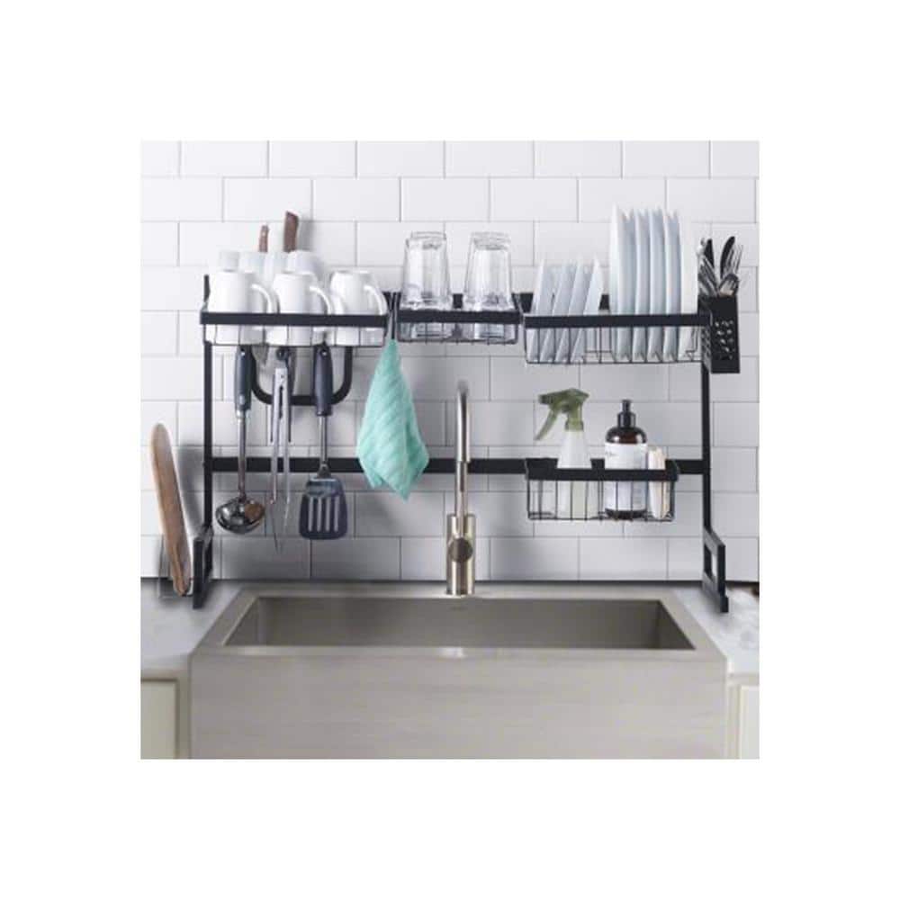 X-Large Over the Sink Adjustable Dish Rack Drainer with Utensils Hooks Cutlery Holder - Hercitys