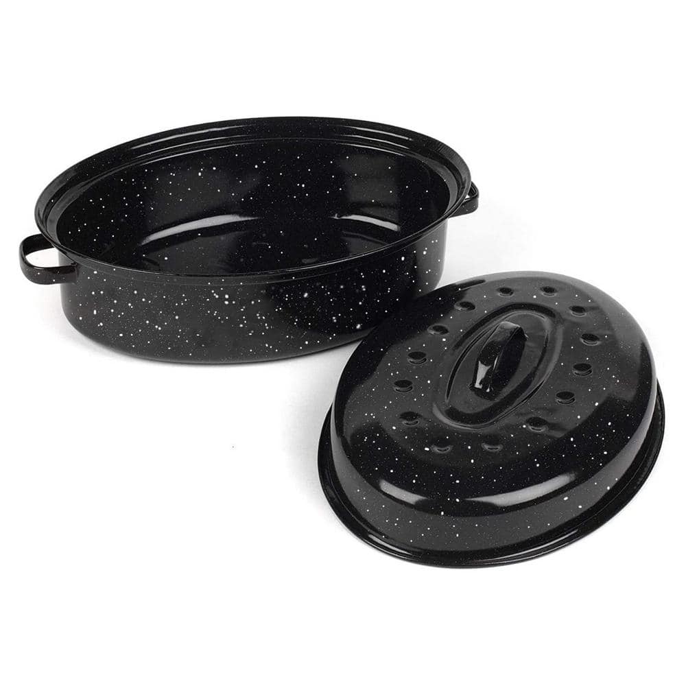 9.5 qt. Covered Oval Black Non-Stick Carbon Steel Roasting Pan with Lid for Turkey, Chicken, Meat and Vegetables - Hercitys