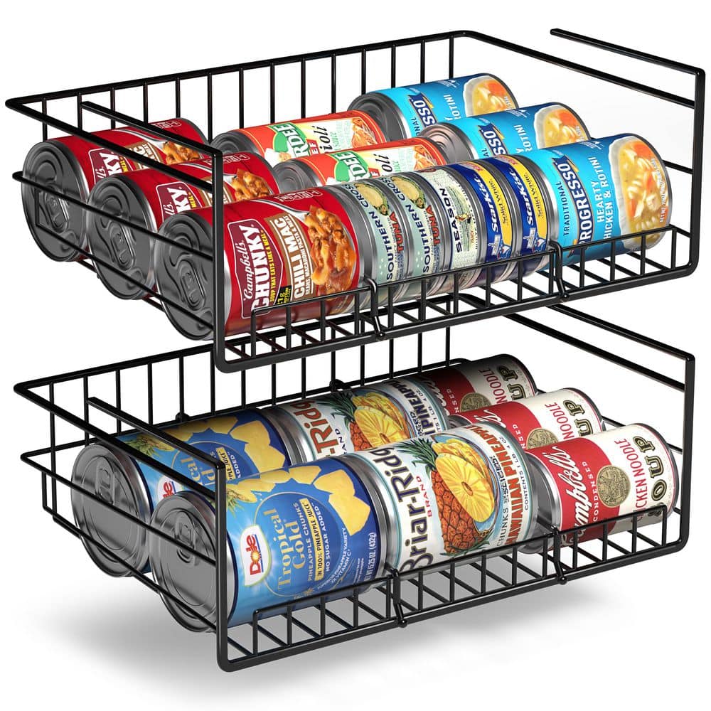 Under Cabinet Can Storage Shelf, Multipurpose Pantry Organizer with Divider for Canned Goods, 2 Pack, Black, Metal - Hercitys