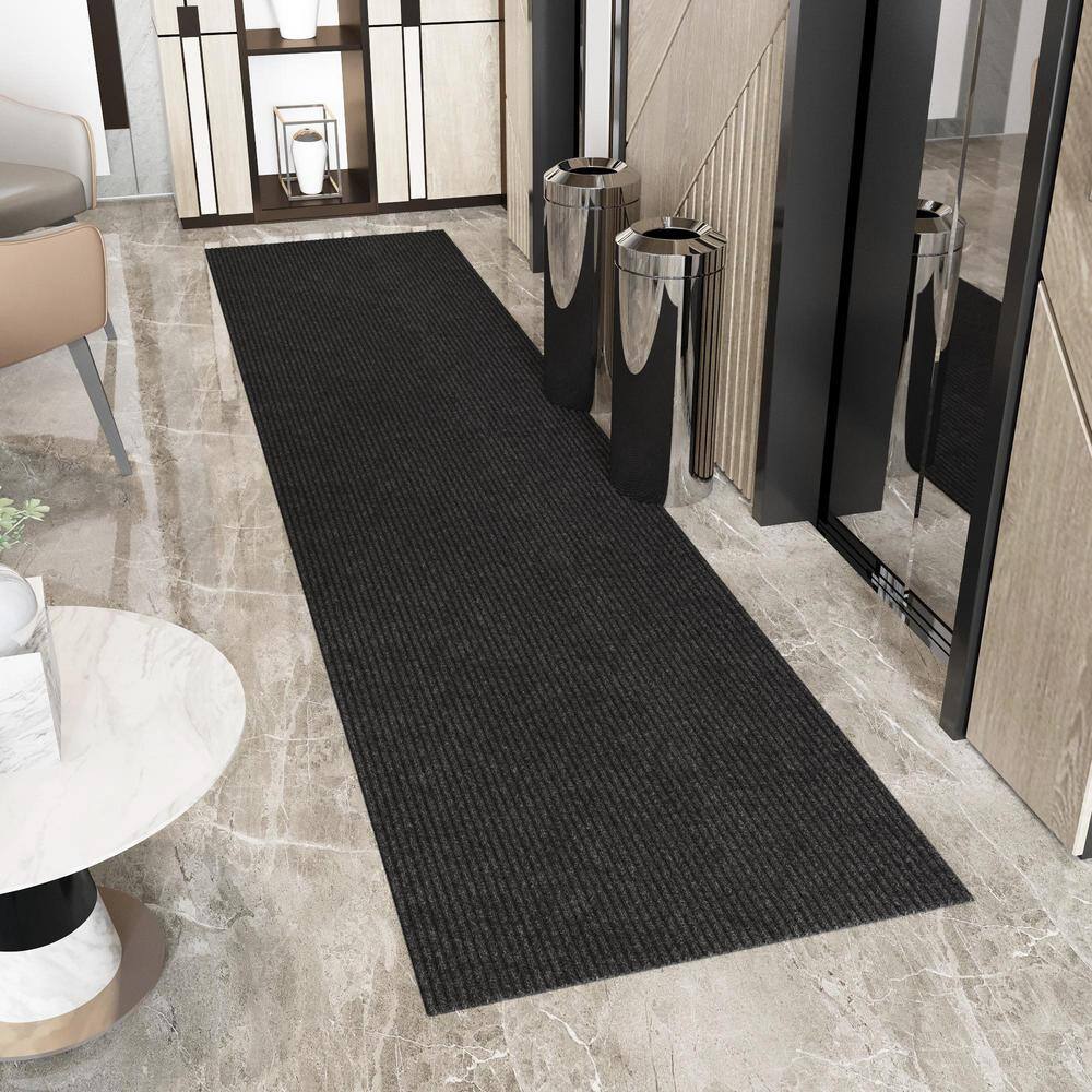 Ribbed Non-Slip Rubberback Indoor/Outdoor Long Hallway Runner Rug 2 ft. 7 in. x 25 ft., Black Polyester Garage Flooring - Hercitys
