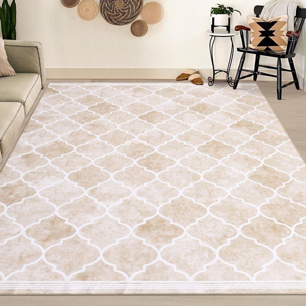 Vintage Brown, 5 ft. x 7 ft. Grid Printed Rug Low Pile Non-Slip Carpet Washable Home Decor Area Rug - Hercitys