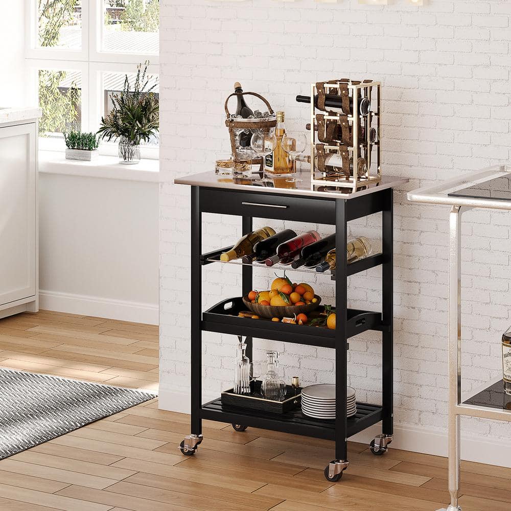 Black Stainless Steel 23.5 in. Kitchen Island with Wine Rack  and  Drawer - Hercitys