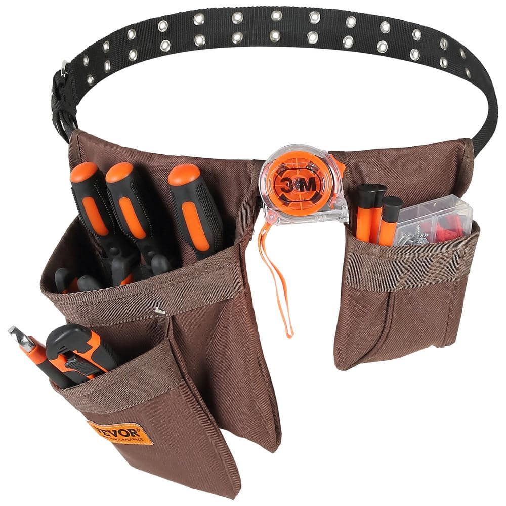 Tool Belt 13 Pockets Polyester Heavy-Duty Tool Pouch Bag for Electrician, Carpenter, Handyman Brown - Hercitys