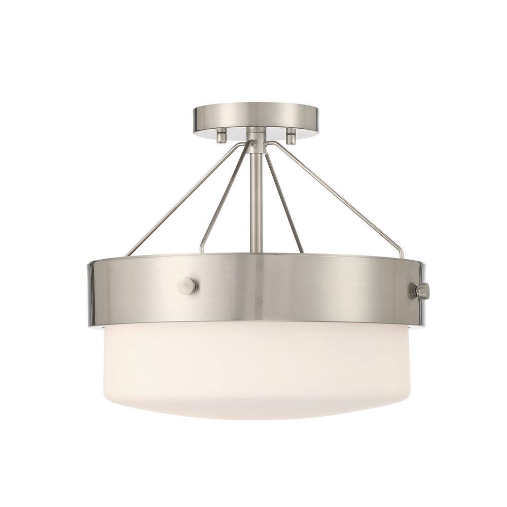 Oak Street 13 in. 2-Light Brushed Nickel Finish Traditional Convertible Semi Flush Mount Ceiling Light w/Frosted Shade - Hercitys