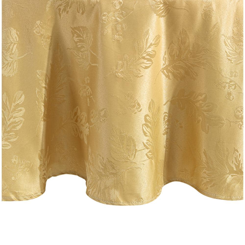 70 in. Round Gold Elegant Woven Leaves Jacquard Damask Tablecloth - Hercitys