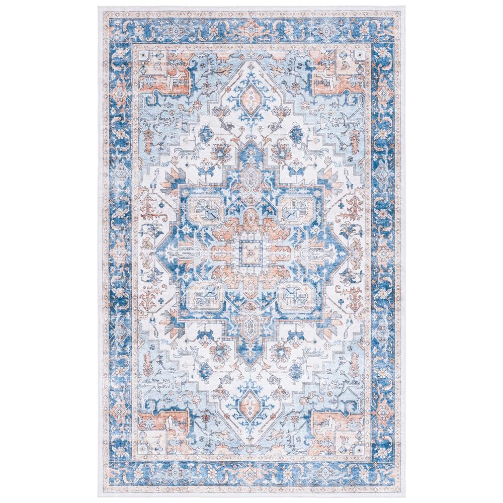 Arizona Patina Blue/Beige 9 ft. x 12 ft. Distressed Border Ornate Machine Washable Area Rug - Hercitys