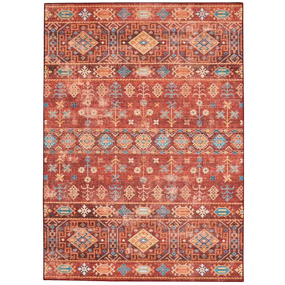 Washable Rosa Red/Ivory 5 ft. x 7 ft. Abstract Rectangle Area Rug - Hercitys