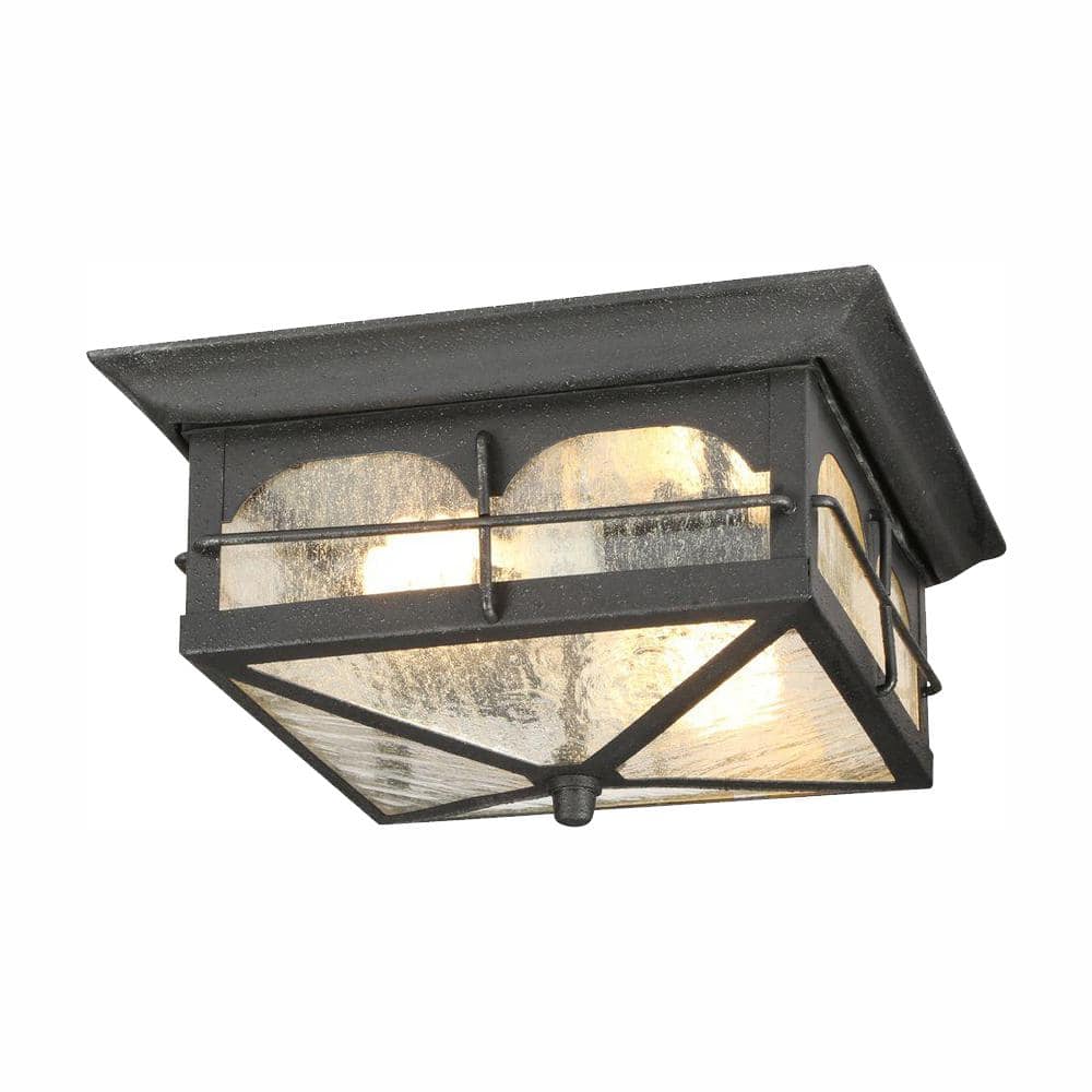 Brimfield 11 in. 2 Light Aged Iron Outdoor Weather Resistant Flush Mount Ceiling Light with Clear Seedy Glass Shade - Hercitys