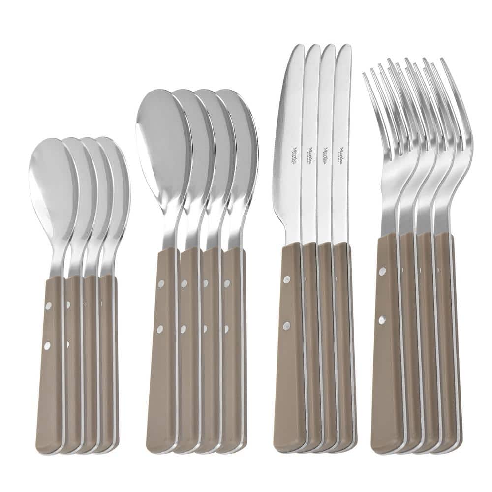 Martha Stewart Garden Cottage 16 Piece Stainless Steel Flatware Set in Taupe Beige Service for 4 - Hercitys