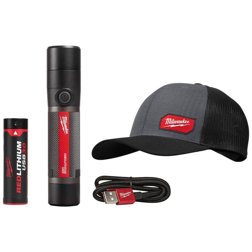 800 Lumens LED USB Rechargeable HP Fixed Focus Flashlight with GRIDIRON Gray Adjustable Fit Trucker Hat - Hercitys