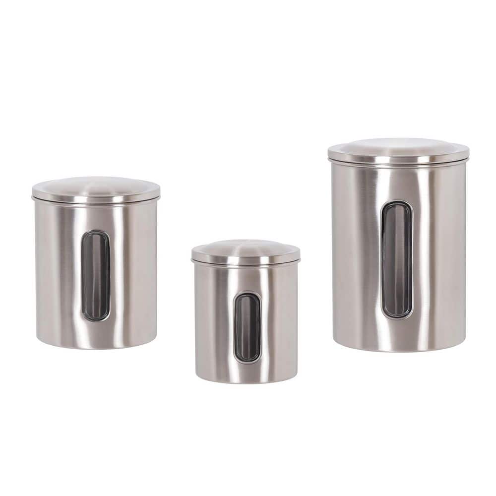 Set of 3 Stainless Steel Canister Kitchen Storage Jar Container Organizer with Clear See Through Window, Brushed Finish - Hercitys
