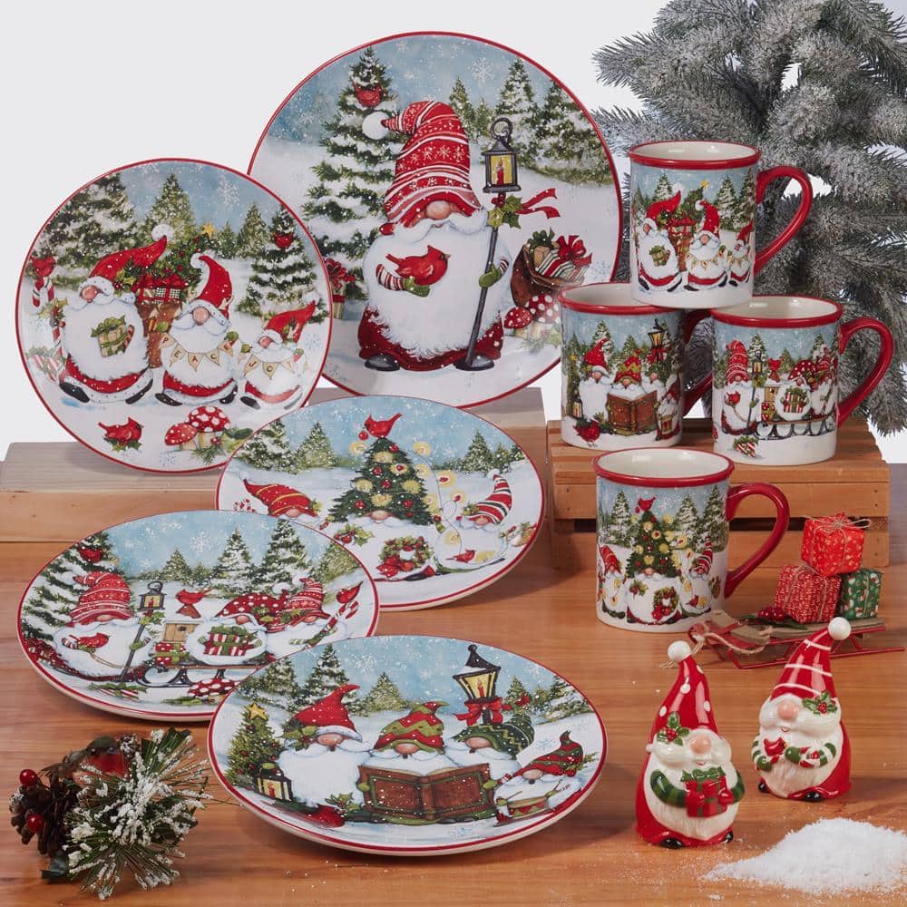 Christmas Gnomes 16-Pcs Assorted Colors Earthenware Dinnerware Set (Service for 4) - Hercitys