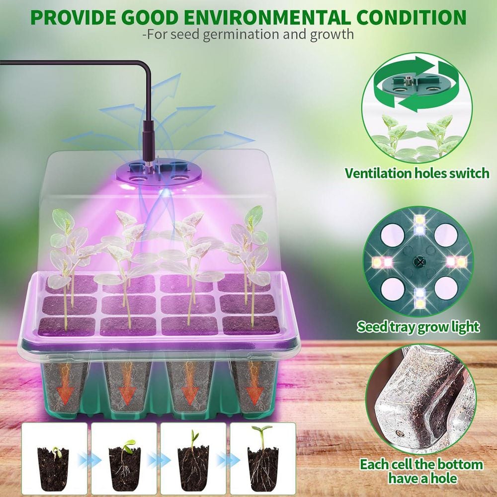 Seed Starter Tray with 8 LED Grow Lights and Humidity Domes for Greenhouse Planting Kit 2-Pack Adjustable Brightness - Hercitys