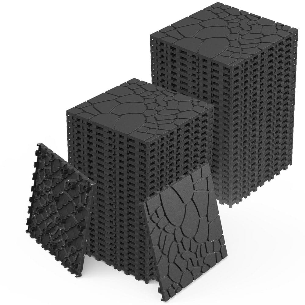 Plastic Floor Pavers 12″x12″ Waterproof Patio Deck Tiles Interlocking Floor Tiles in Dark Gray 0.8 in. H (Pack of 44) - Hercitys
