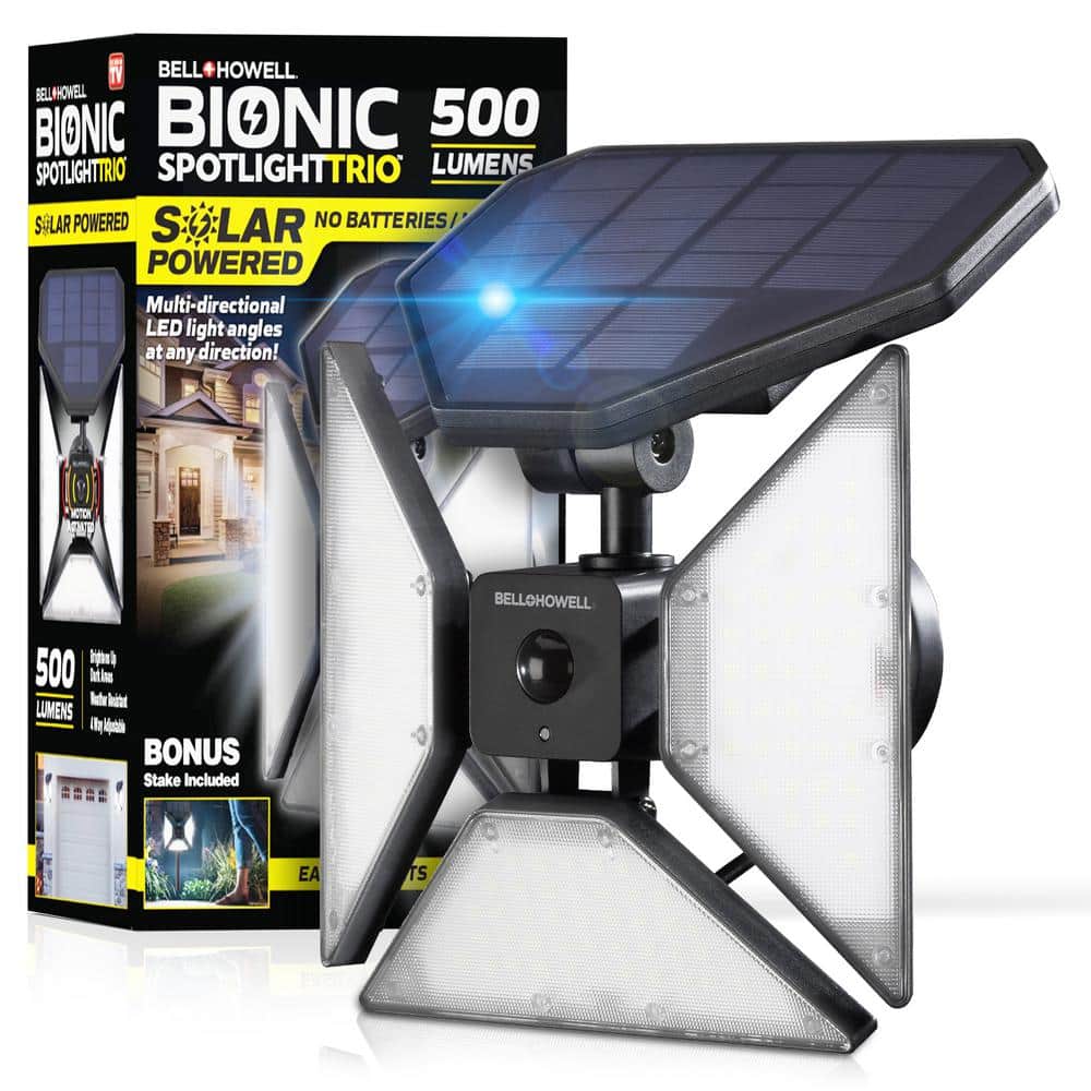 8-Watt Solar Powered Black Motion Sensor Outdoor LED Flood Light 500 Lumens Bionic Spotlight Trio - Hercitys