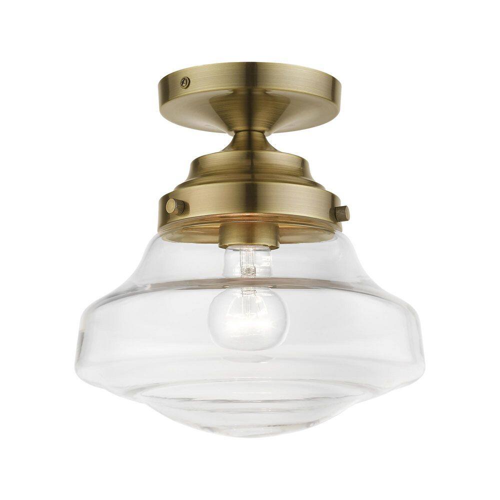 Ghessington 9 in. 1-Light Antique Brass Semi Flush Mount with Clear Glass - Hercitys