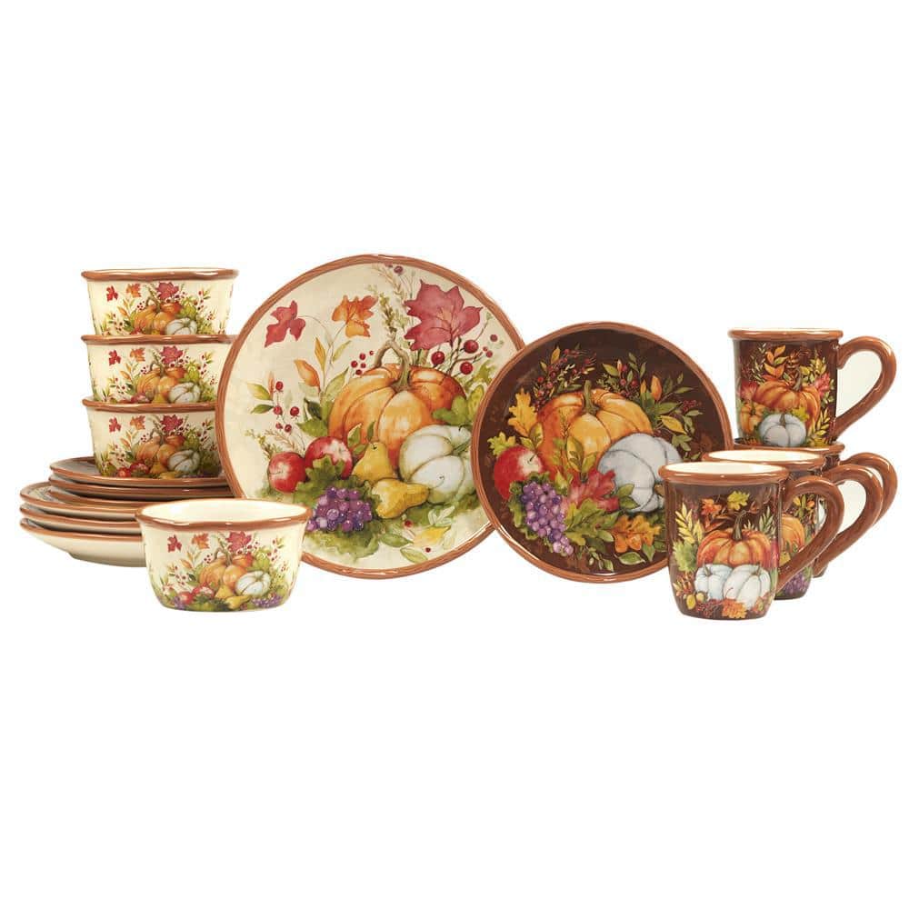 Harvest Blessings 16-Piece Seasonal Assorted Colors Earthenware Dinnerware Set (Service for 4) - Hercitys