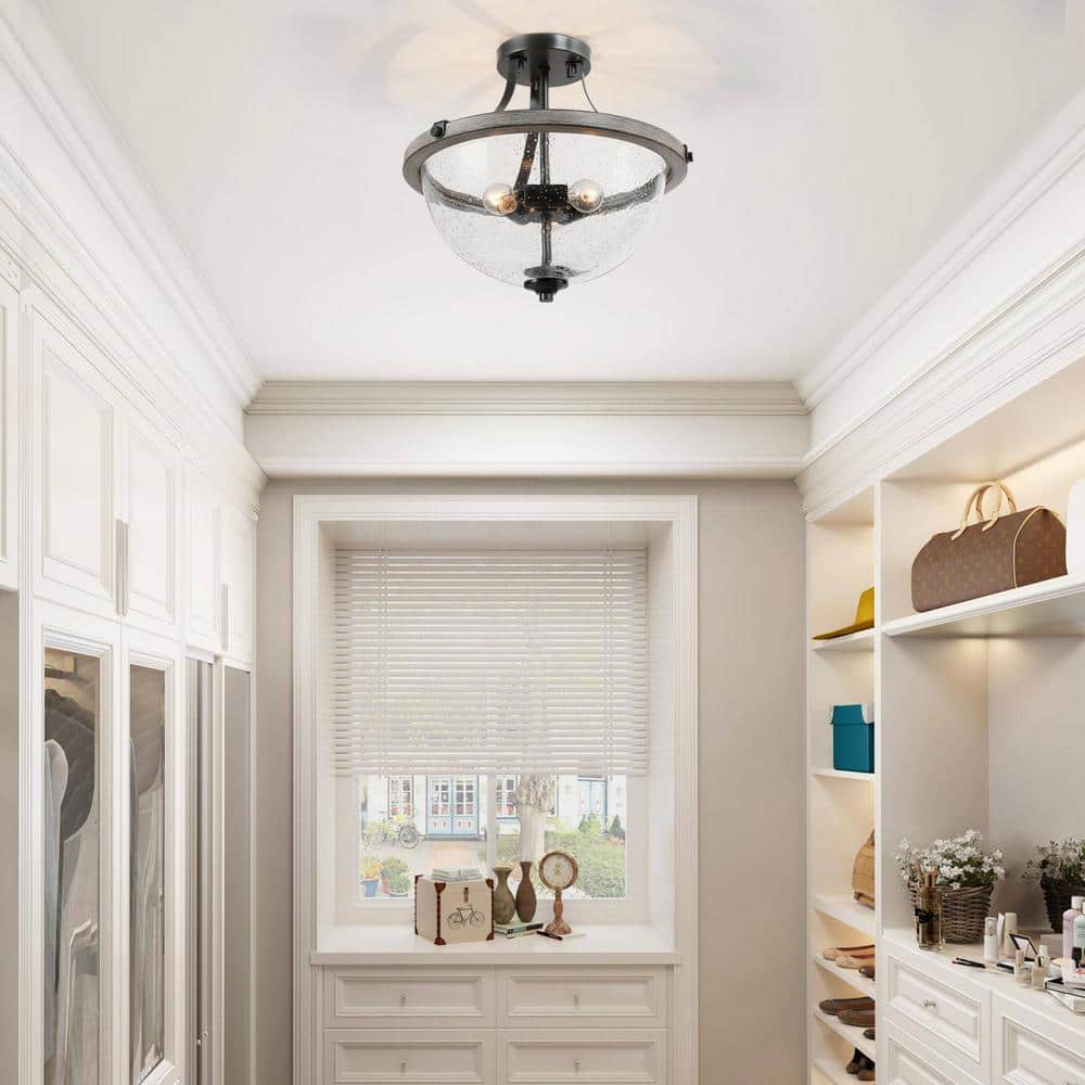 The 13.4 in. 3-Light Iron and Faux Wood Semi- Flush Mount Ceiling Light Perfect for Kitchen, Dining and Living Room - Hercitys