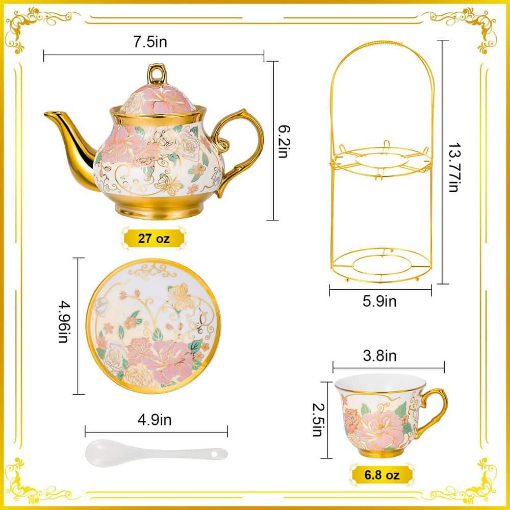 6-Cup 20-Piece Ceramic Tea Pot Set with Metal Holder and Flower Painting - Hercitys