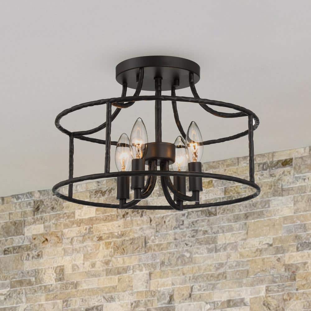 Silversadge 14 in. 4-Light Matte Black Hammered Metal Semi- Flush Mount - Hercitys