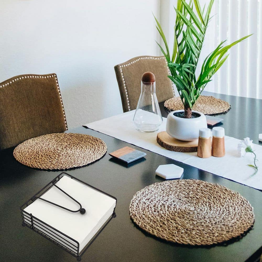 Flat Napkin Dispenser with Weighted Arm, Square Cocktail Paper Holder of Elegant Rustic Iron for Kitchen in Black - Hercitys