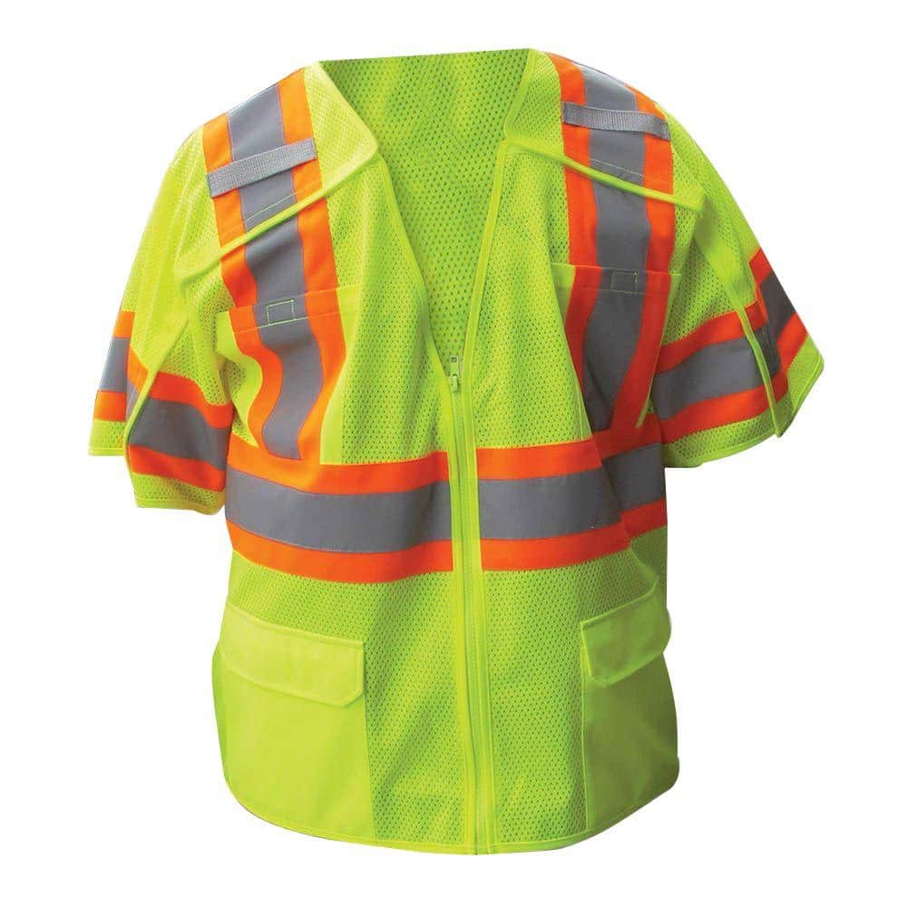 Size Extra-Large Lime ANSI Class 3 Poly Mesh 5-Point Breakaway Safety Vest with 4 in. Orange / 2 in. Silver Striping - Hercitys