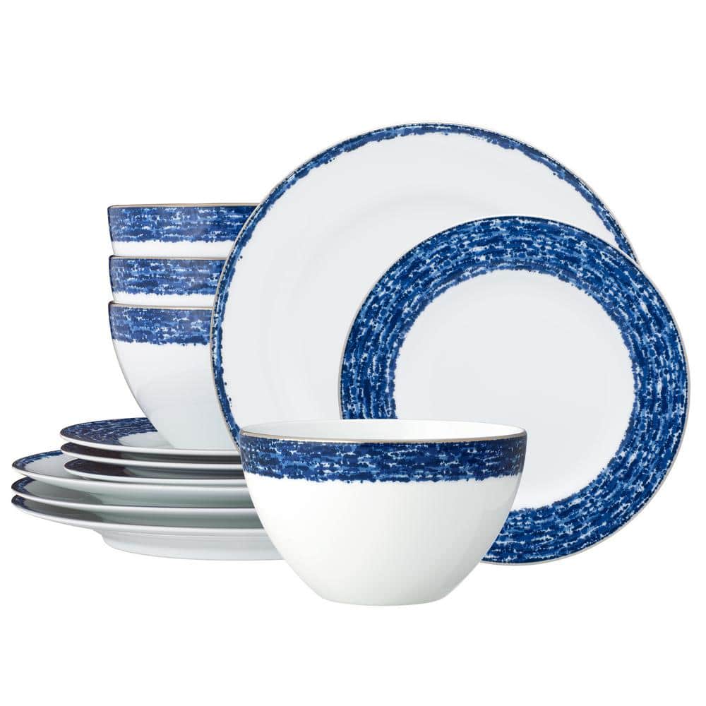 Blue Rill (Blue) Porcelain 12-Piece Dinnerware Set, Service for 4 - Hercitys