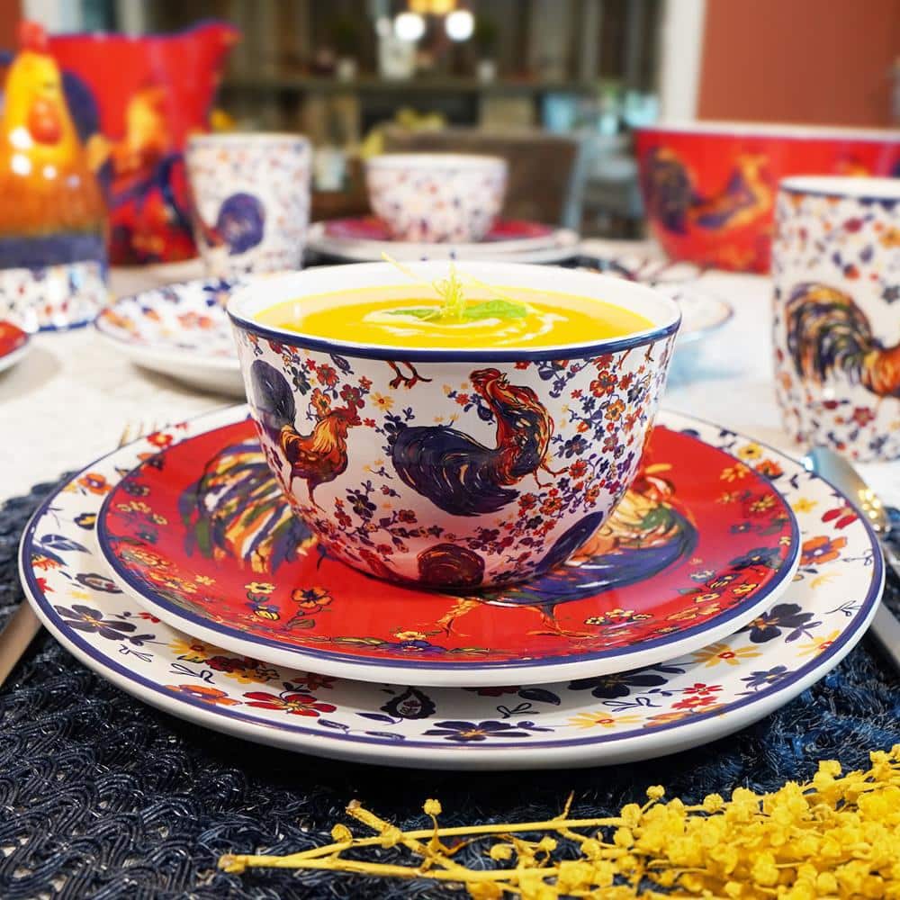 Multicolor Morning Rooster Earthenware Dinner Plates (Set of 4) - Hercitys