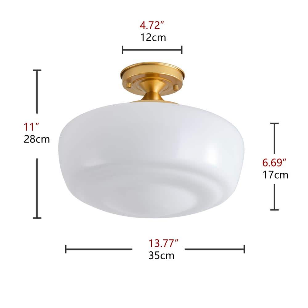 Modern 13.77 in. 1-Light Simple Gold Semi-Flush Mount Farmhouse Ceiling Lighting with White Glass Shade - Hercitys