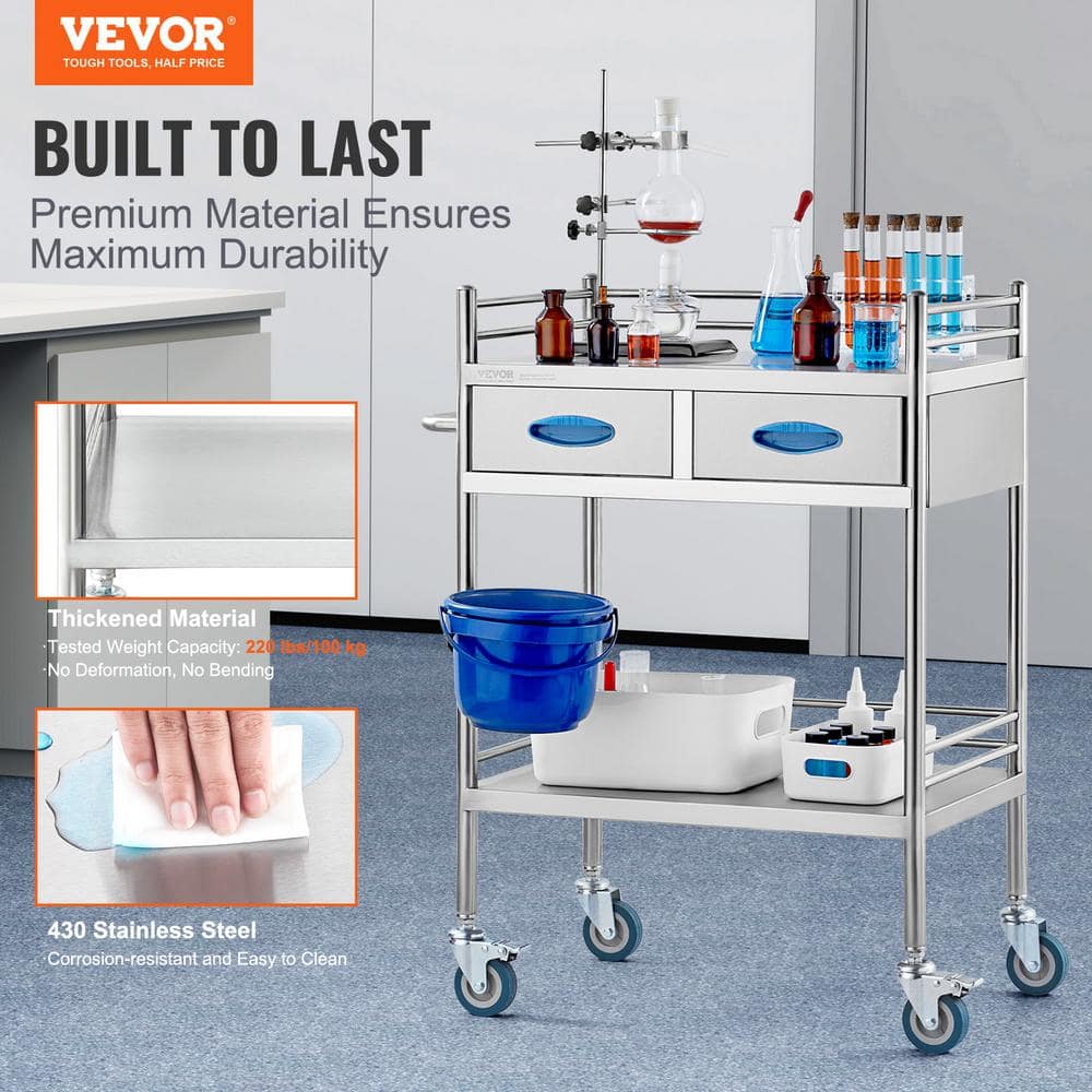 Utility Cart，Lab Serving Cart, Kitchen Cart, Medical Cart with 2-drawers, Dental Cart with Lockable Wheels, Sliver - Hercitys