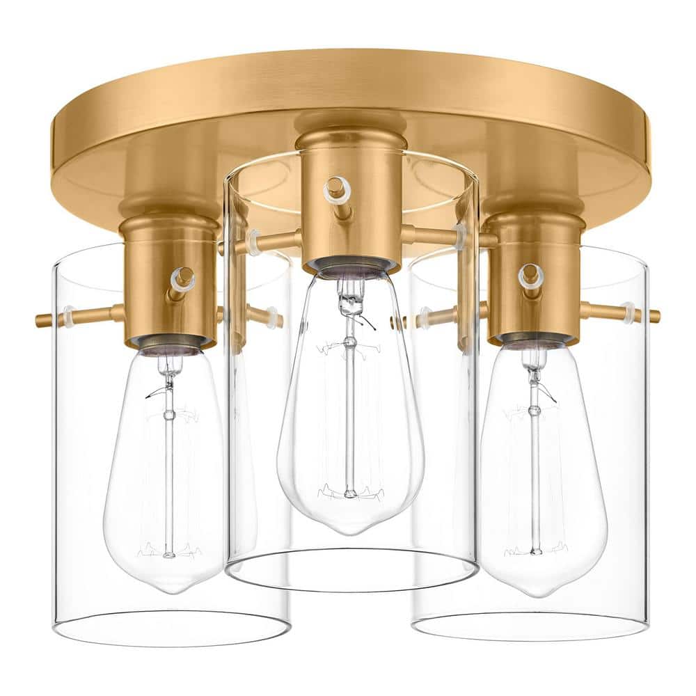 Regan 11.75 in. 3-Light Brushed Gold Flush Mount with Clear Glass Shades - Hercitys