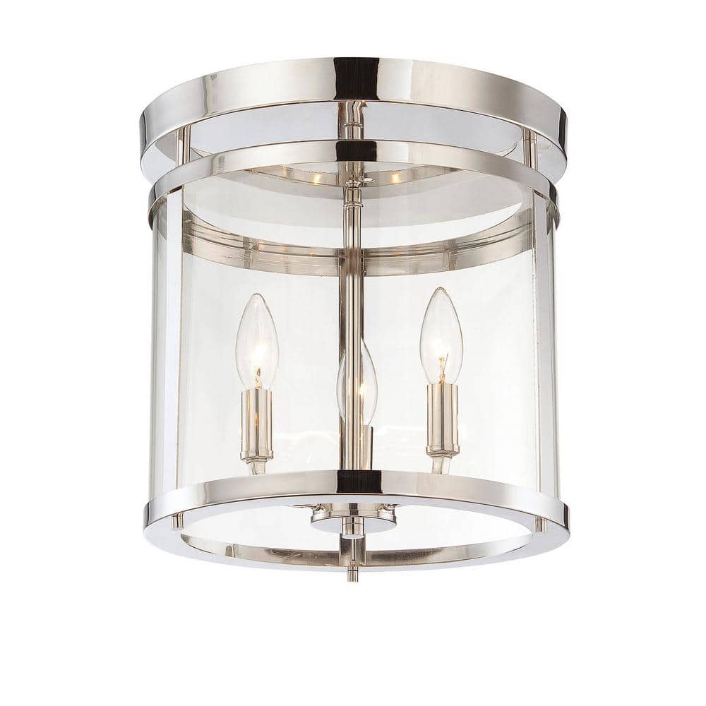 Penrose 12.5 in. W x 14 in. H 3-Light Polished Nickel Semi-Flush Mount Ceiling Light with Clear Glass Cylindrical Shade - Hercitys