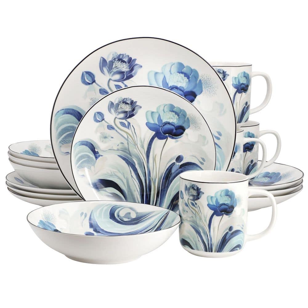 Pastel Poppy 16 Piece Floral Design Round Porcelain Dinnerware Set in Blue - Hercitys