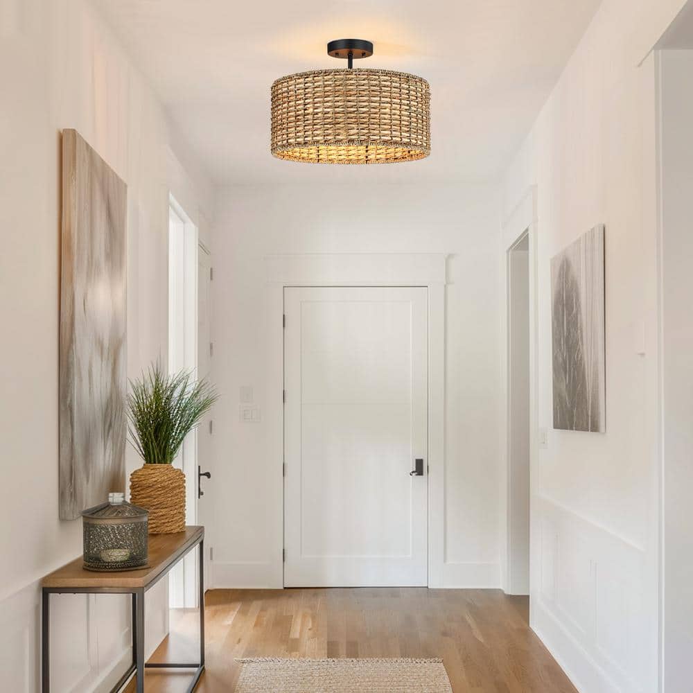 Seymour 16 in 3-Light Rattan Drum Semi-Flush Mount Ceiling Light - Hercitys