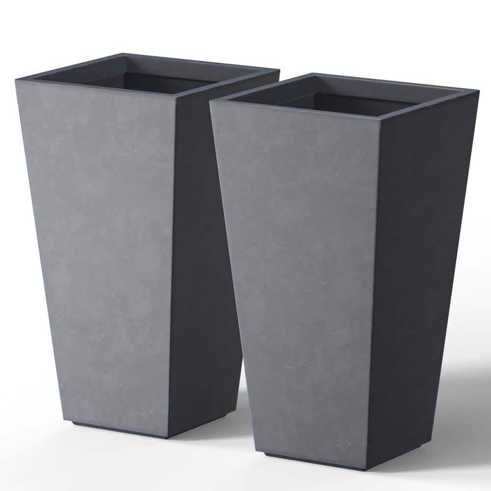 Modern 24.5in. High Large Tall Tapered Square Granite Gray Outdoor Cement Planter Plant Pots Set of 2 - Hercitys