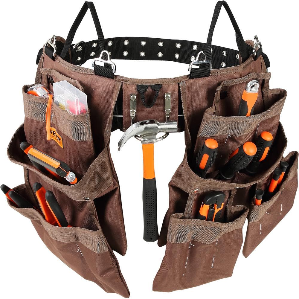 Tool Belt 19 Pockets Polyester Heavy-Duty Tool Pouch Bag Adjusts from 32 in. to 54 in. Brown - Hercitys