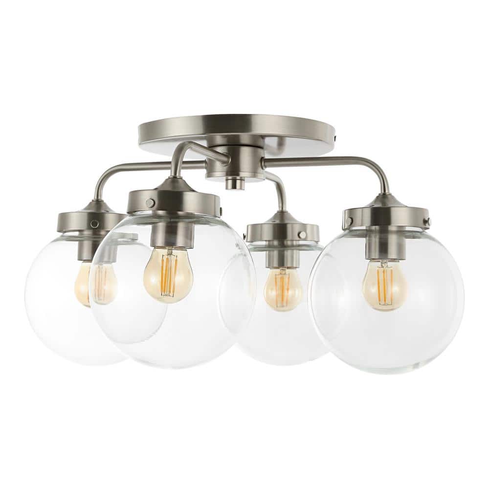 Piper 18 in. Nickel/Clear 4-Light Farmhouse Rustic Iron/Glass LED Semi Flush Mount - Hercitys