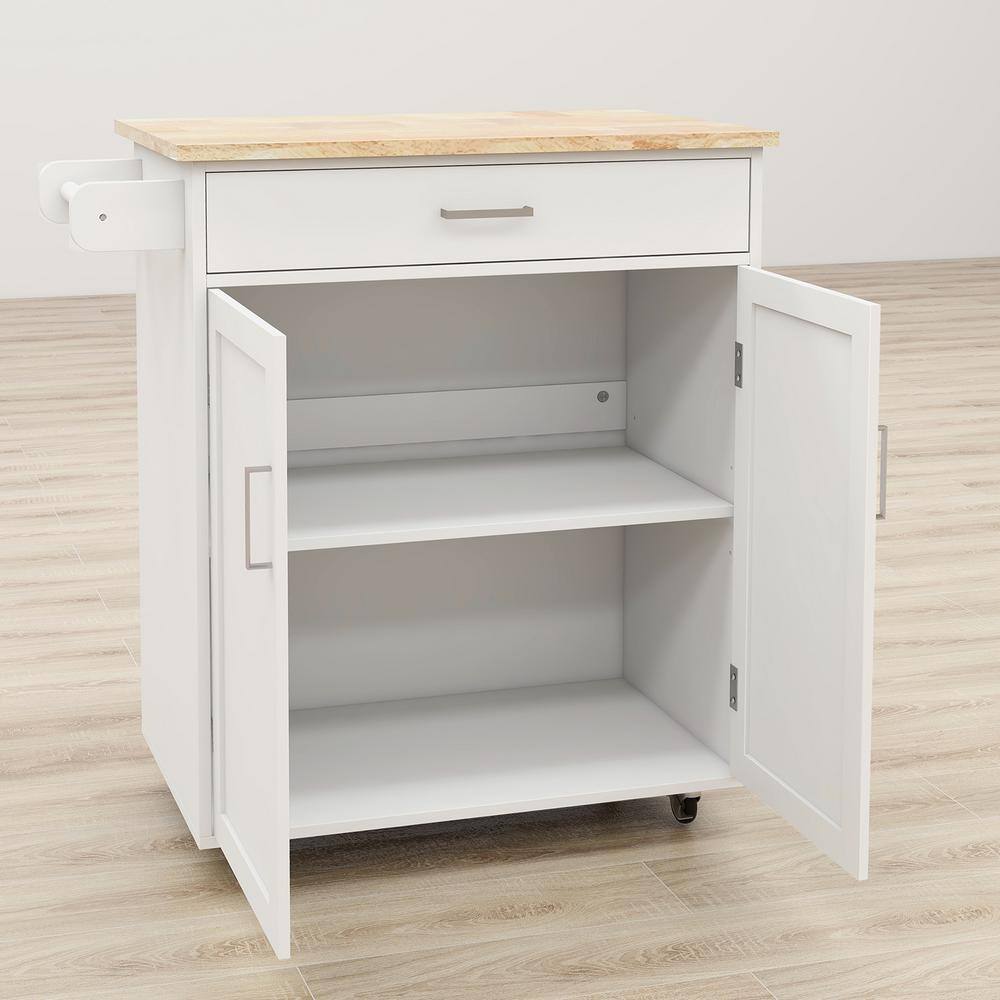 Rolling White Wood 32.68 in. Kitchen Island with Drawers and Towel Rack - Hercitys