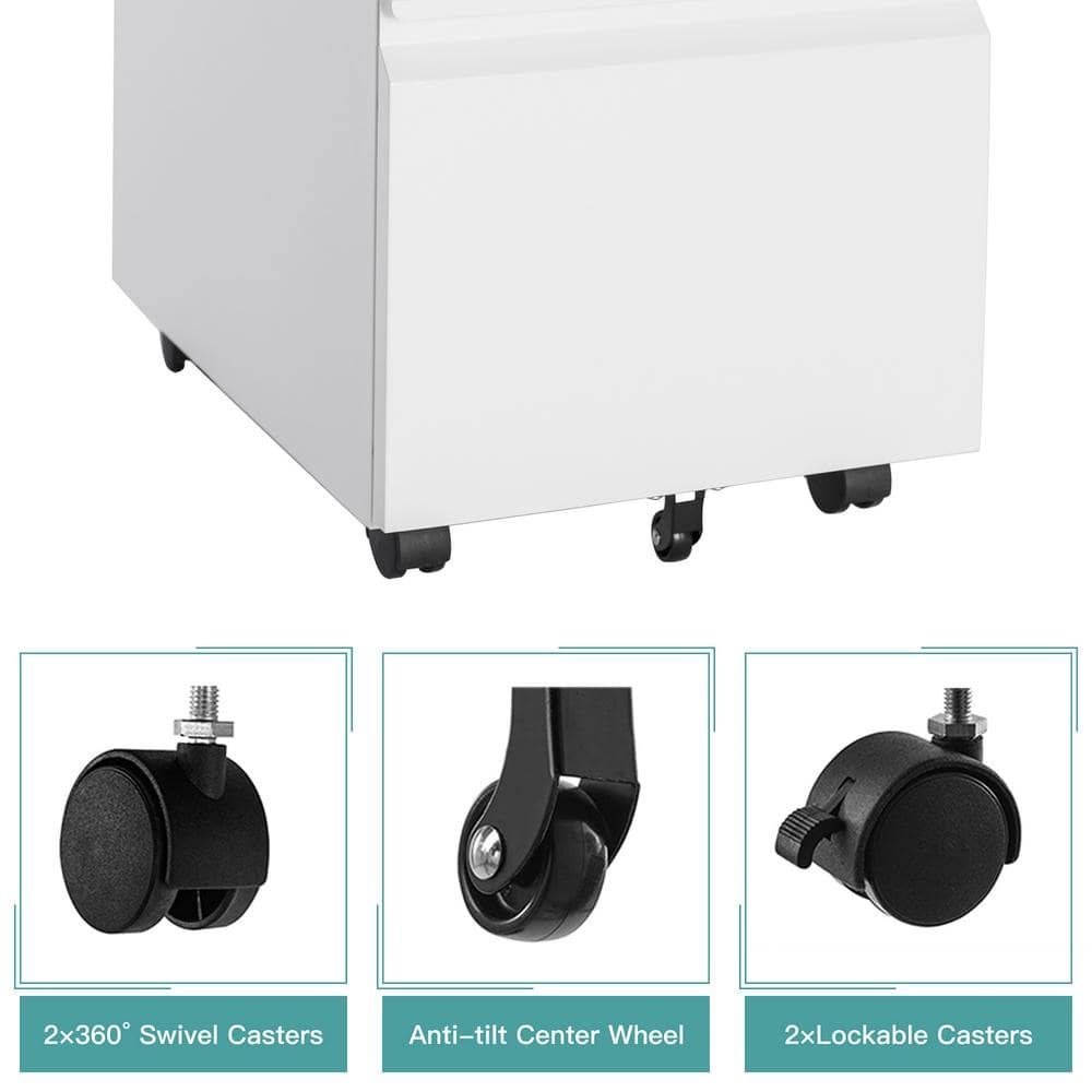 White Mobile File Cabinet 14.6 in. W x 17.7 in. D Letter/Legal Metal 3-Drawer with Lock on Wheels - Hercitys