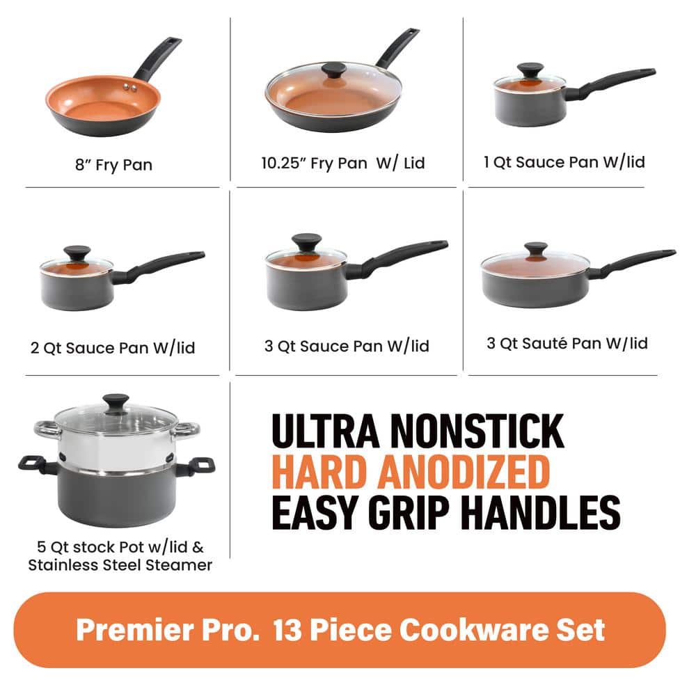 Pro Premier Ceramic Nonstick Hard Anodized Aluminum 13-Piece Cookware Set – Copper - Hercitys