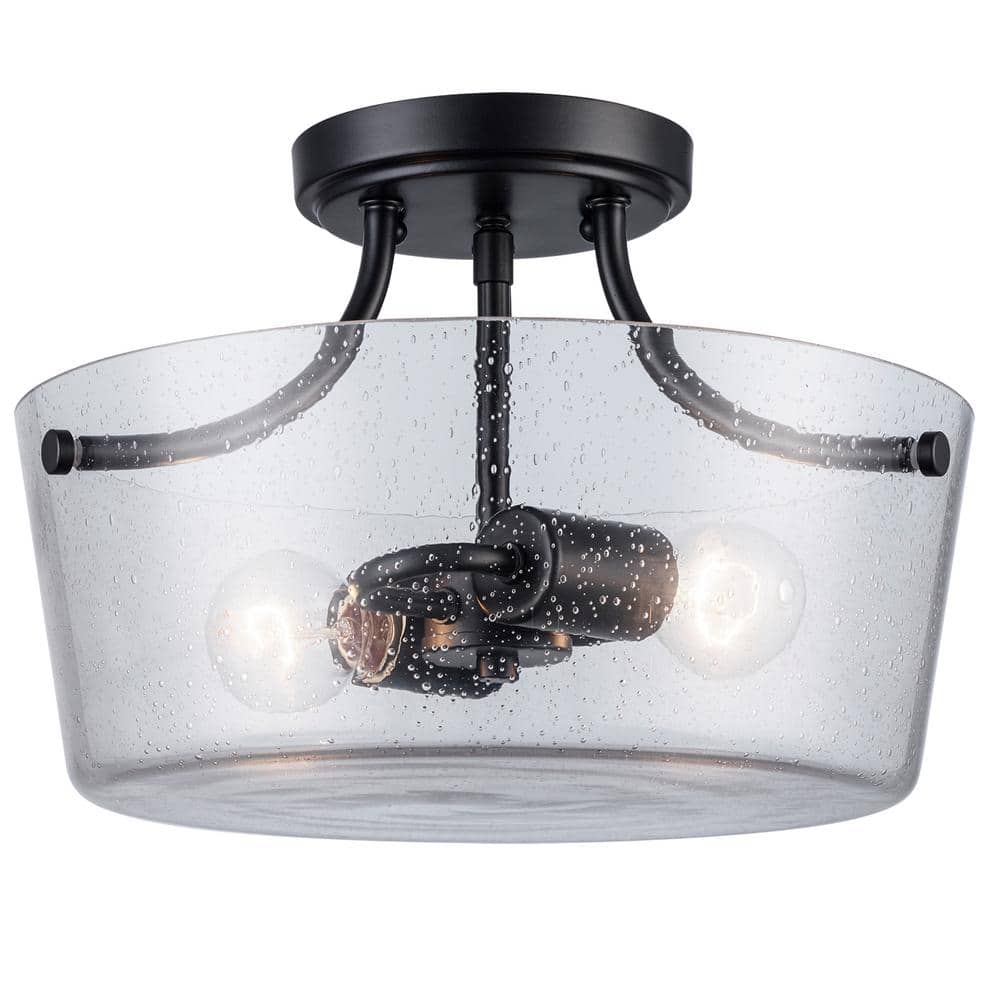 Simi 13 in. 2-Light Black Semi-Flush Mount Ceiling Light with Clear Seeded Glass Shade - Hercitys