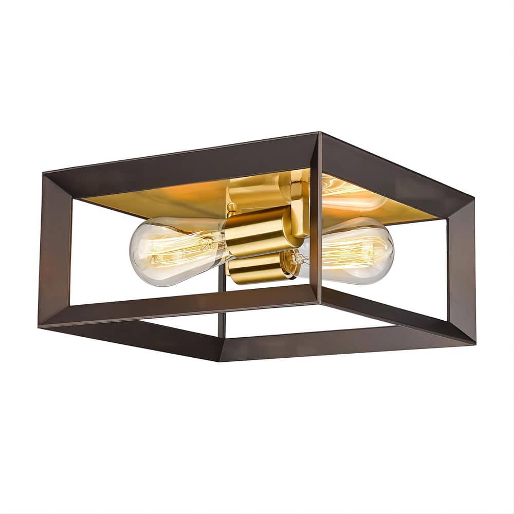 Farmhouse 11.5 in. 2-Light Oil Rubbed Bronze Gold Finish Square Cage Flush Mount ‎Ceiling Light - Hercitys