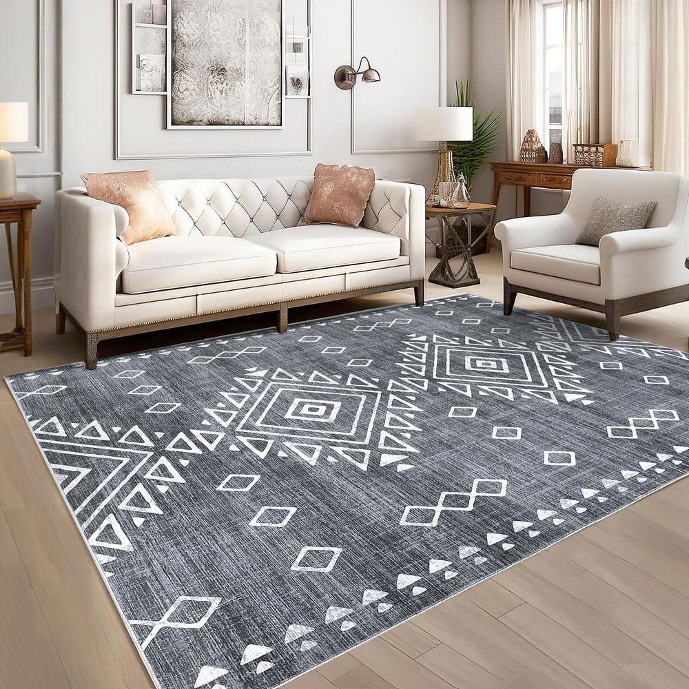 Gray 9x12ft Geometric Retro Corridor Strip Carpet Tribal Style Distressed Area Rug - Hercitys