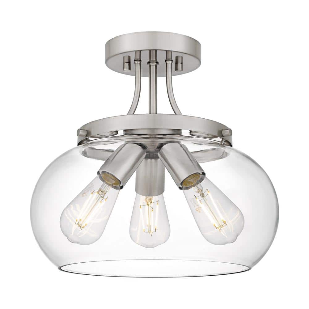 Huxby 13 in. 3-Light Brushed Nickel Contemporary Semi-Flush Mount with Clear Glass Shade - Hercitys