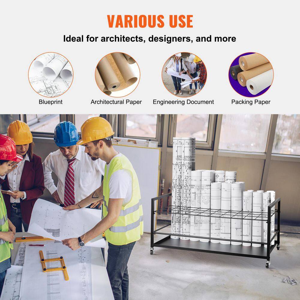 Blueprint Storage Rack, 50 Slots Blueprint Holder with Wheels, Mobile Metal Blueprint Storage Cart, Roll Holder Black - Hercitys