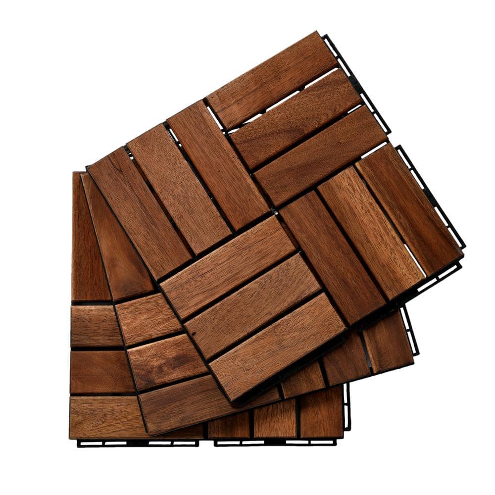Brown 12 in. x 0.74 in. Interlocking Deck Tiles; Solid Hardwood Flooring - Hercitys